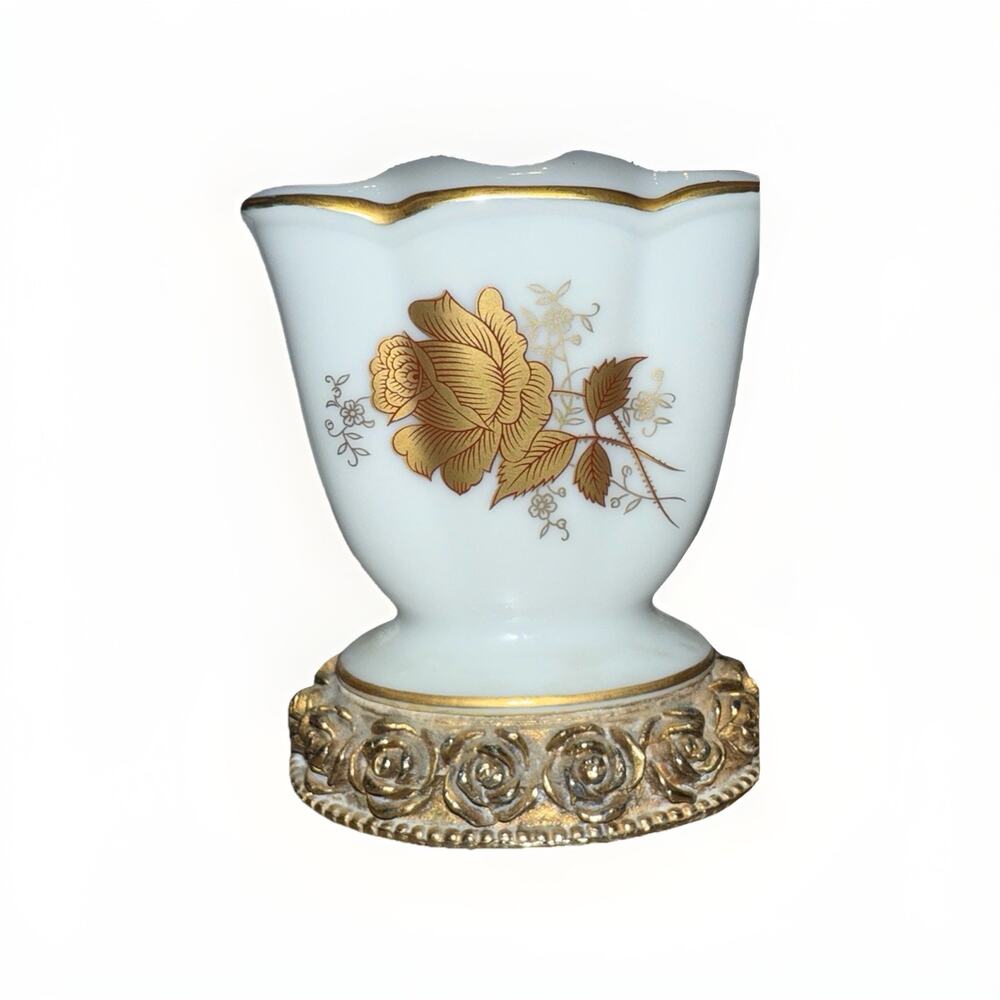 Vintage Heavy porcelain tooth brush holder White With Gold Roses Leaf 3.5 Inch